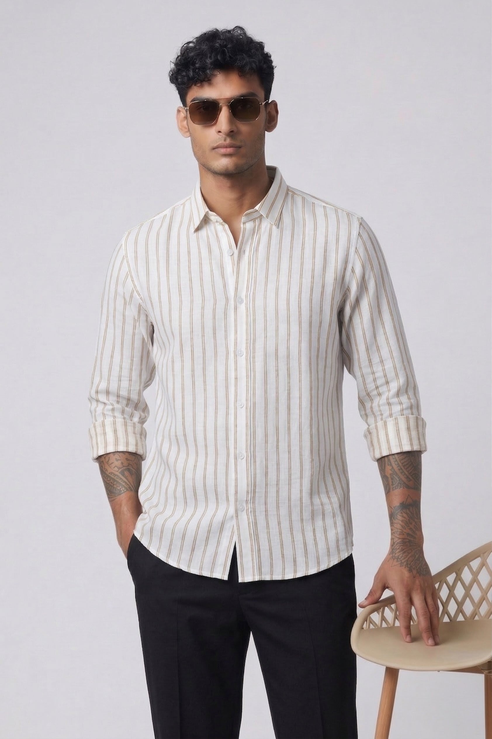 Threaded Beige Stripe Linen Cotton Shirt