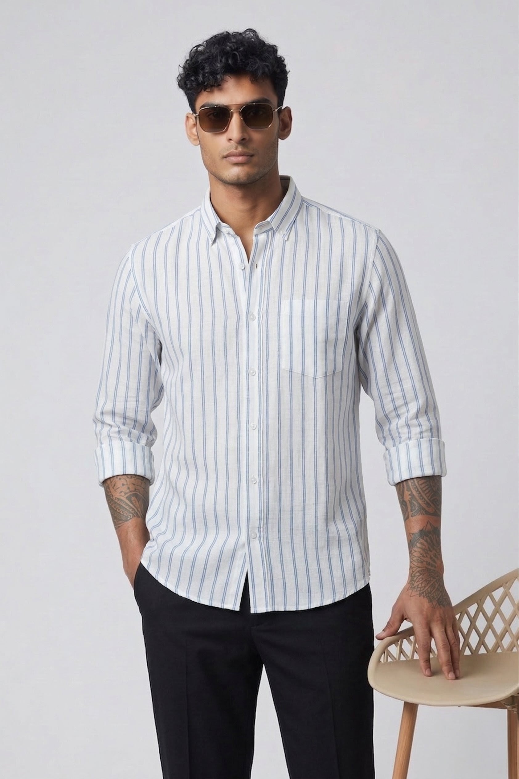 Threaded Sky Blue Stripe Linen Cotton Shirt