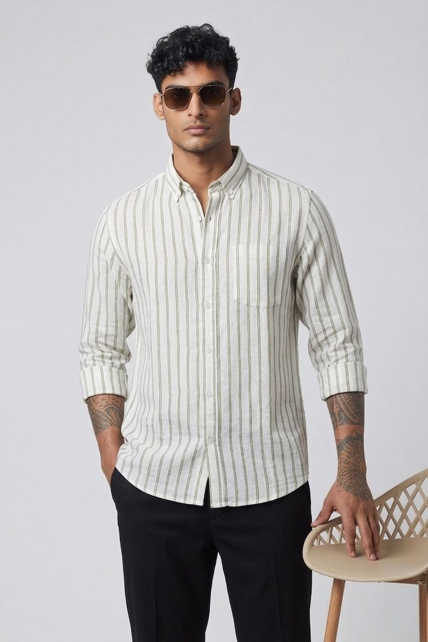 Threaded Olive Stripe Linen Cotton Shirt