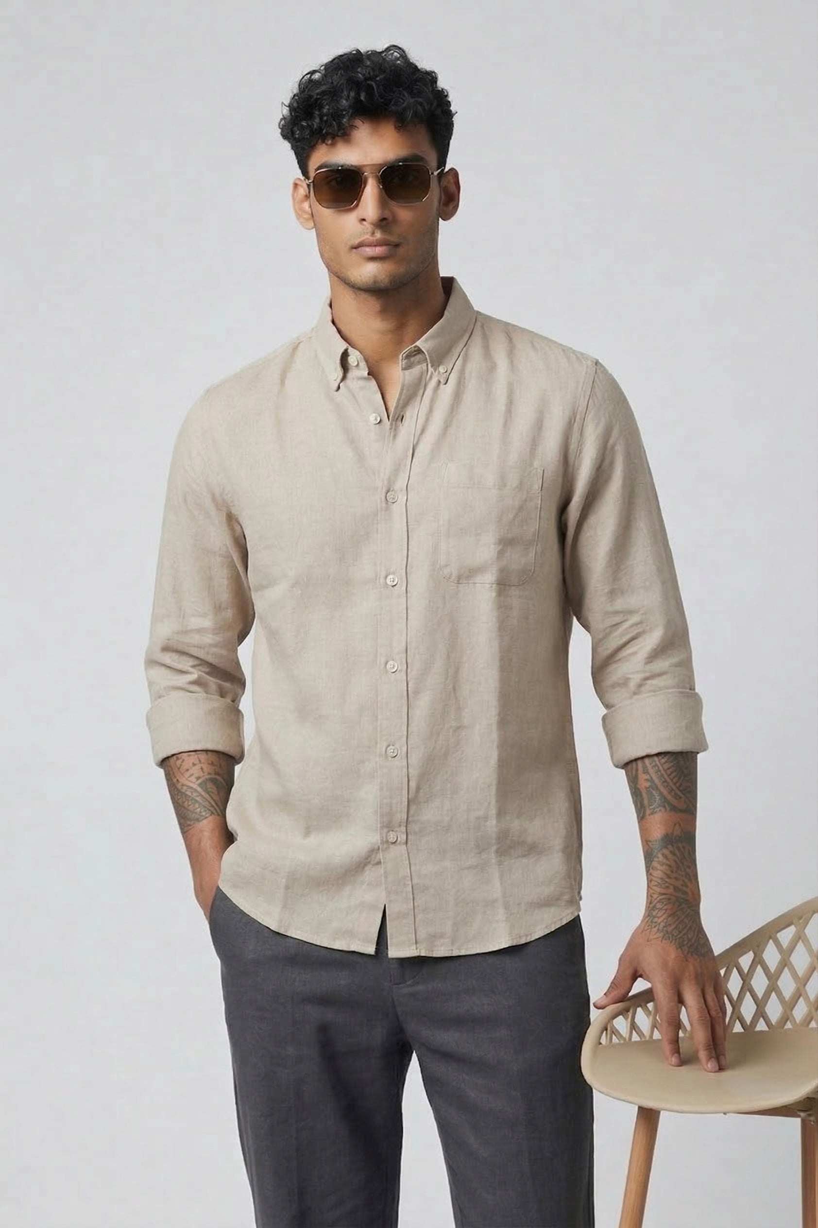 Threaded Beige Linen Shirt