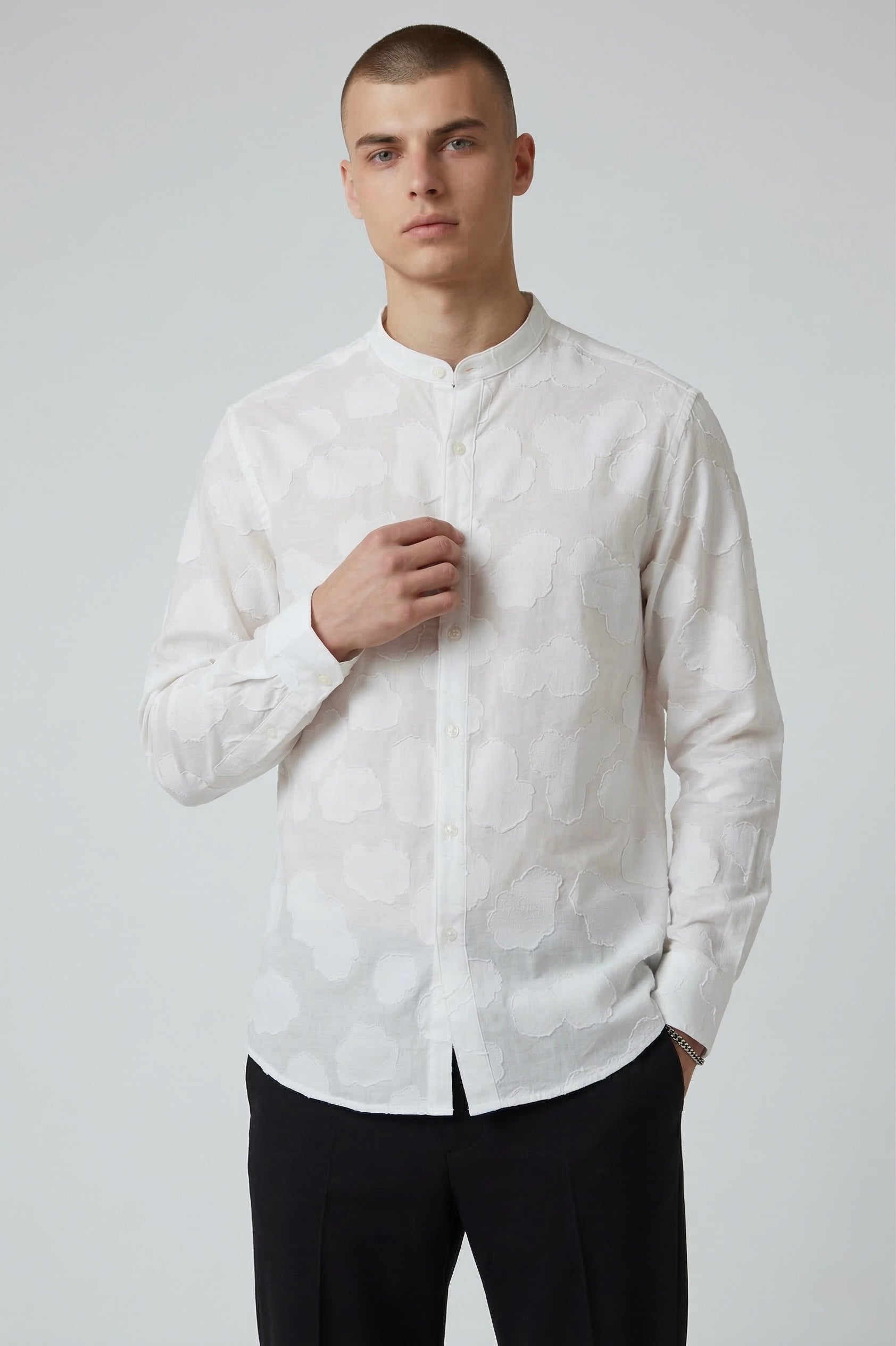 Threaded White Textured Cotton Shirt