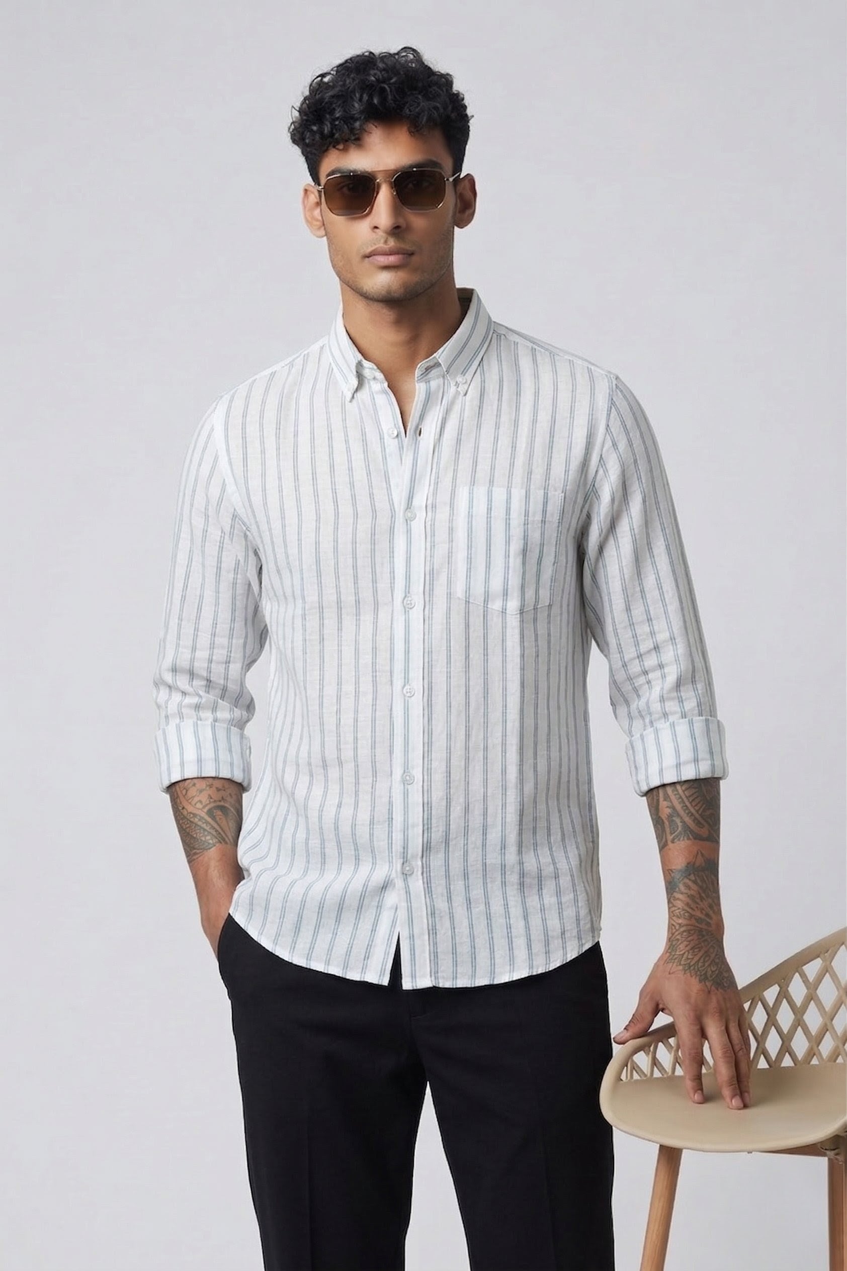 Threaded Blue Stripe Linen Cotton Shirt