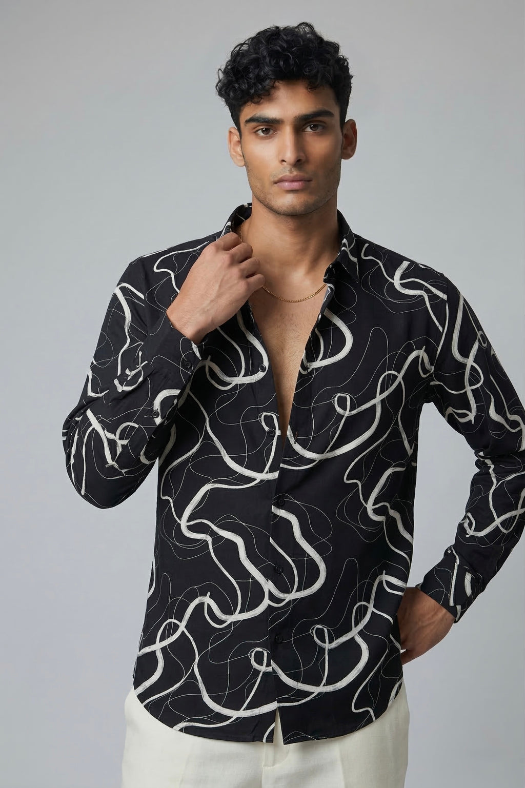 Threaded Black Minimal Line Abstract Rayon Shirt - Modern Streetwear Edition