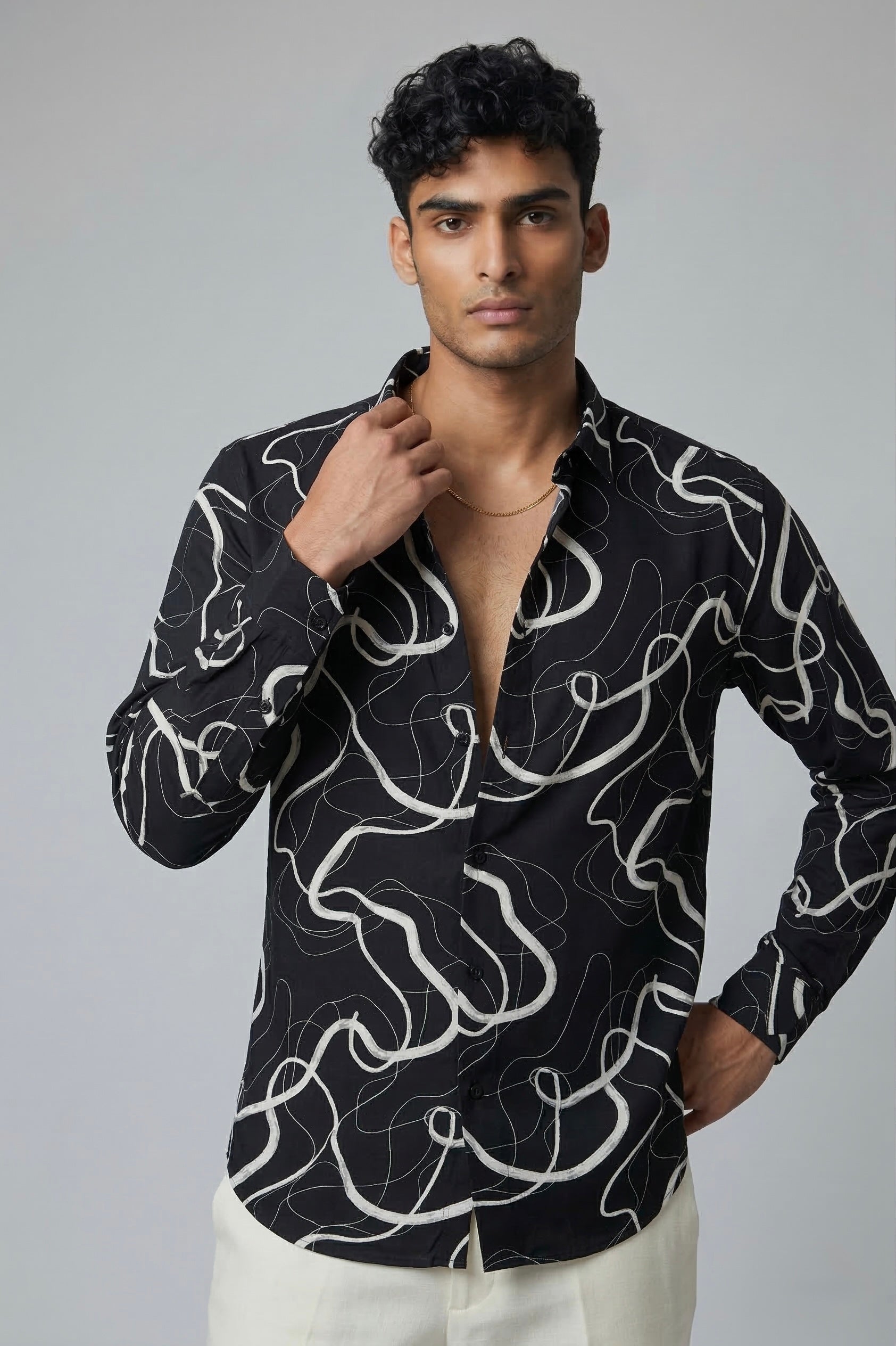 Threaded Black Minimal Line Abstract Rayon Shirt - Modern Streetwear Edition