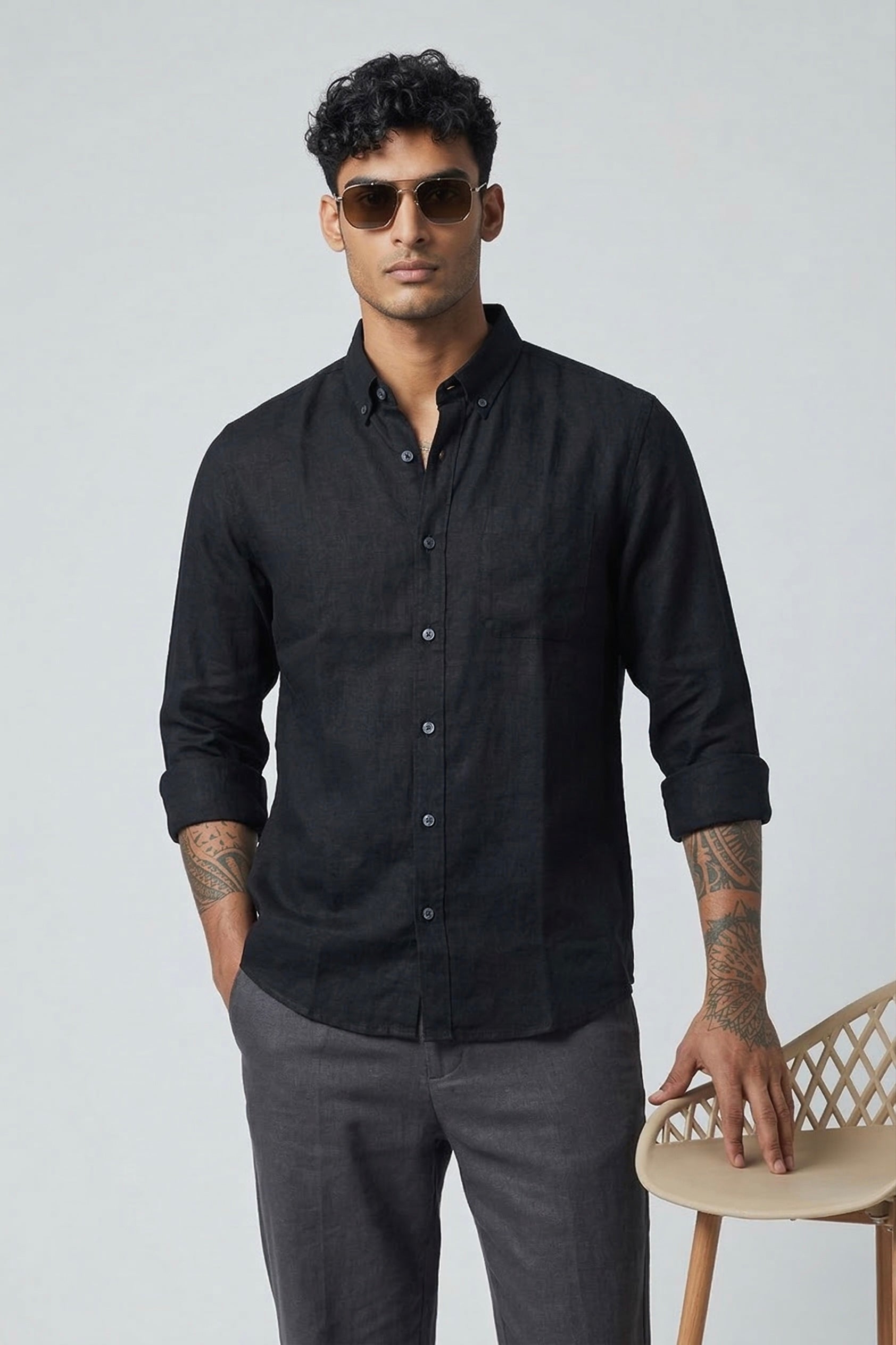 Threaded Black Linen Shirt