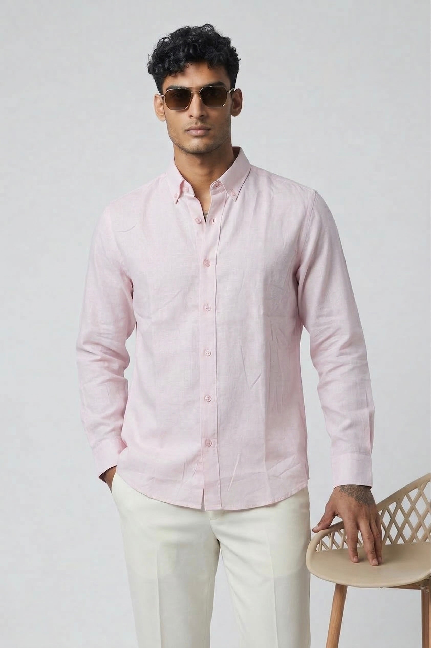Threaded Light Pink Linen Shirt