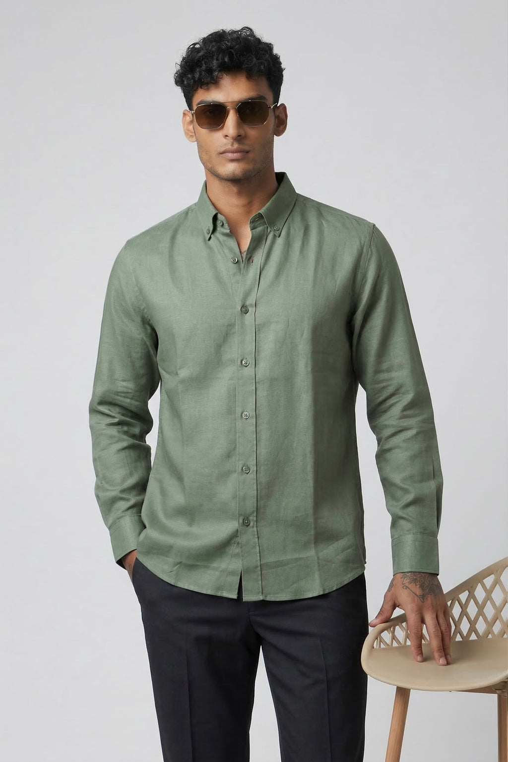 Threaded Olive Green Linen Shirt