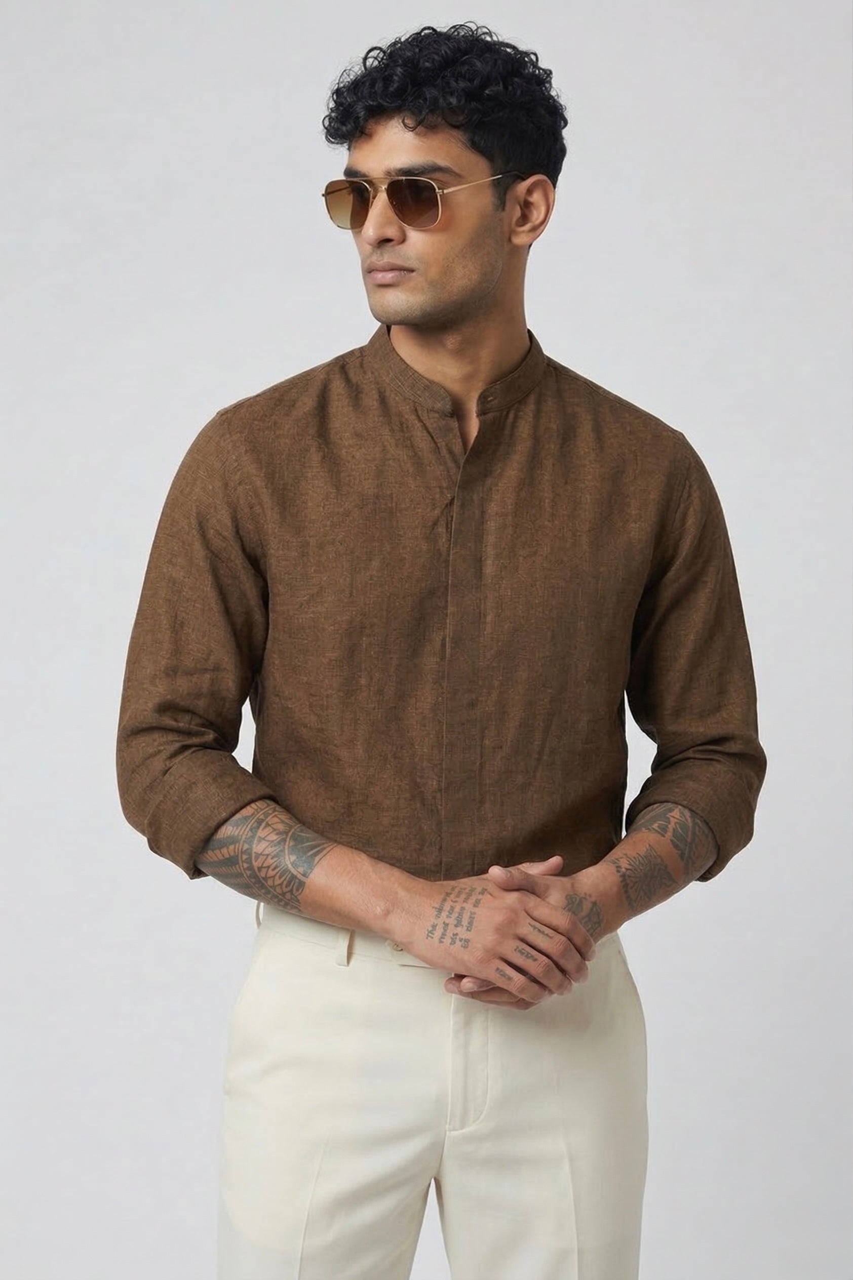 Threaded Mandarin Collar Cotton Shirt