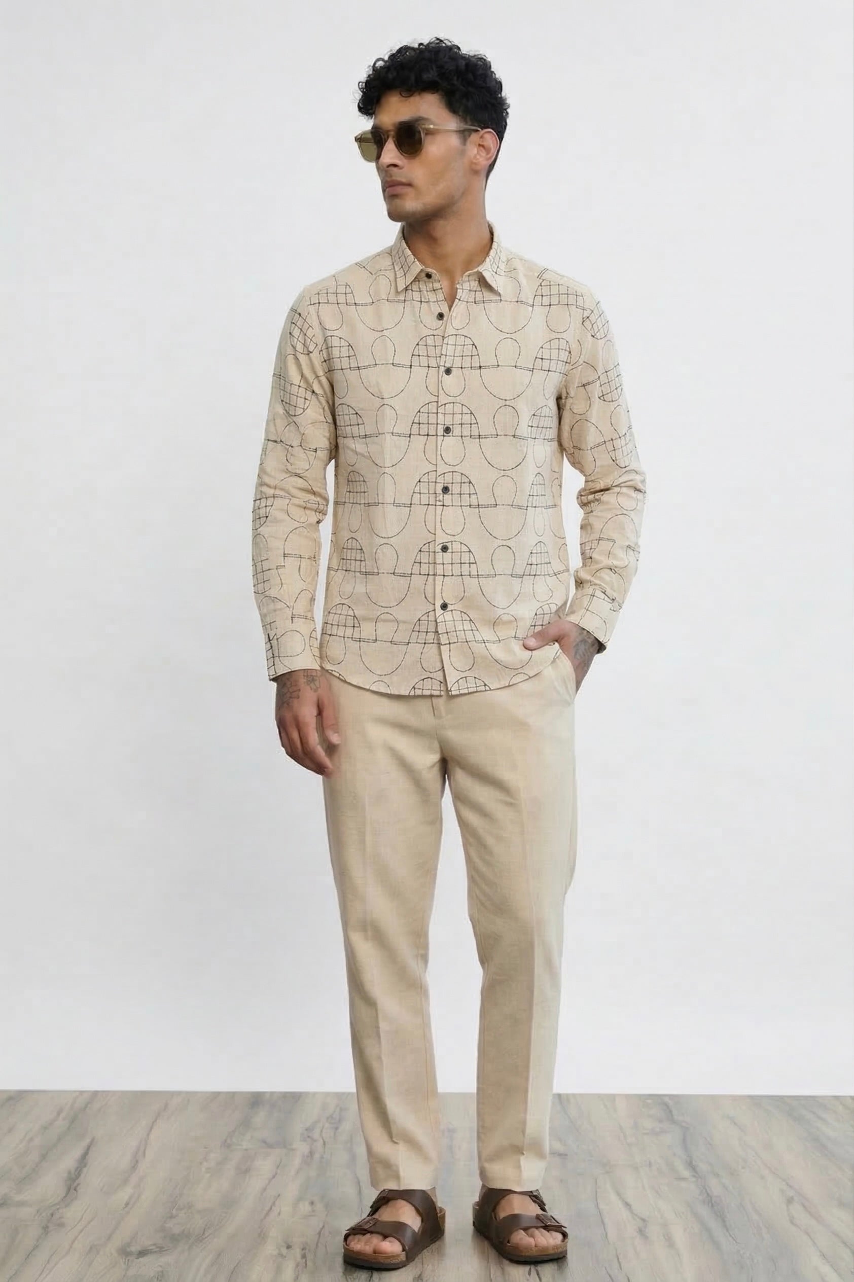 Threaded Geometric Embroidered Cotton Shirt - Premium Textured Streetwear