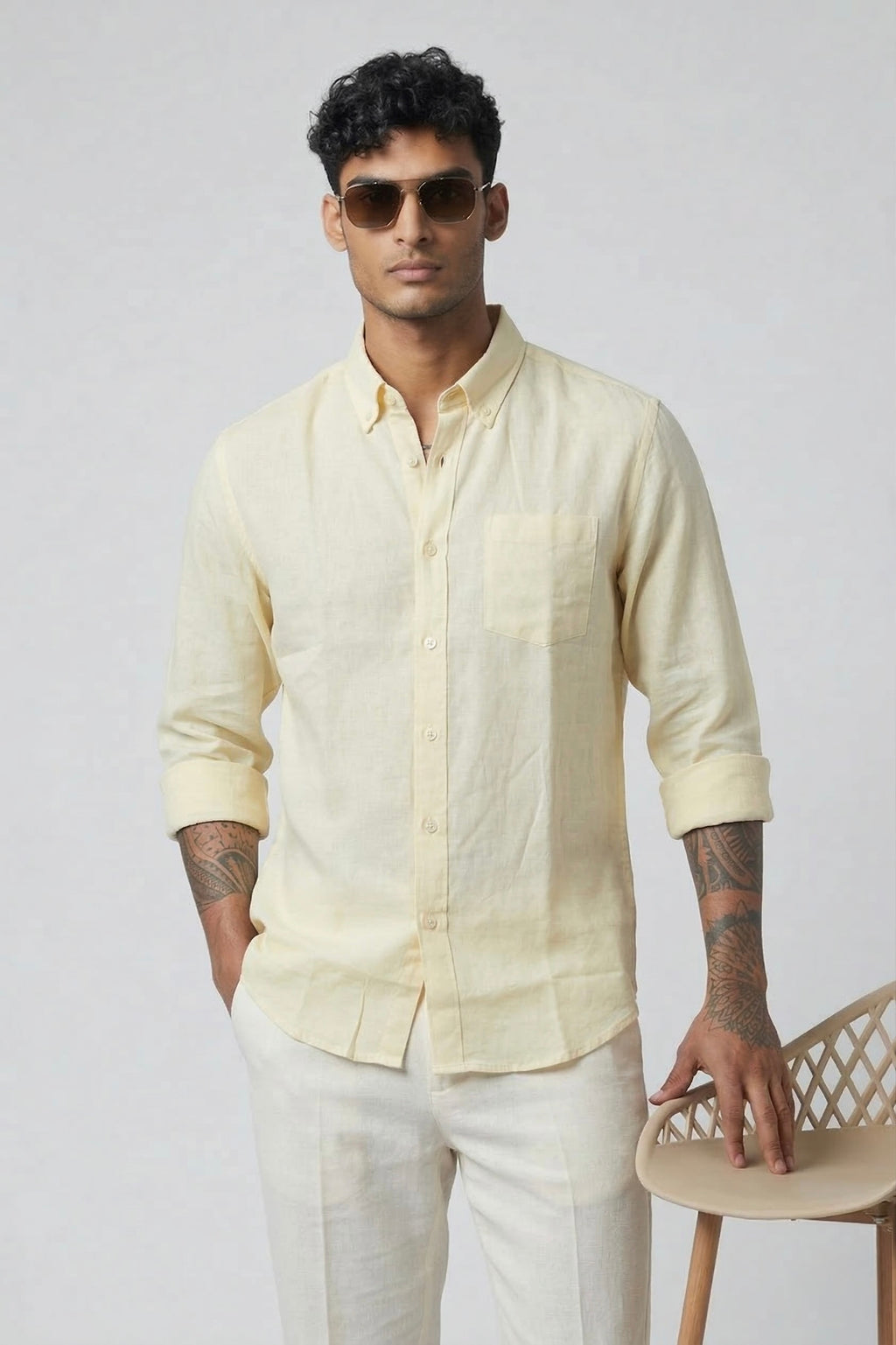 Threaded Light Yellow Linen Shirt