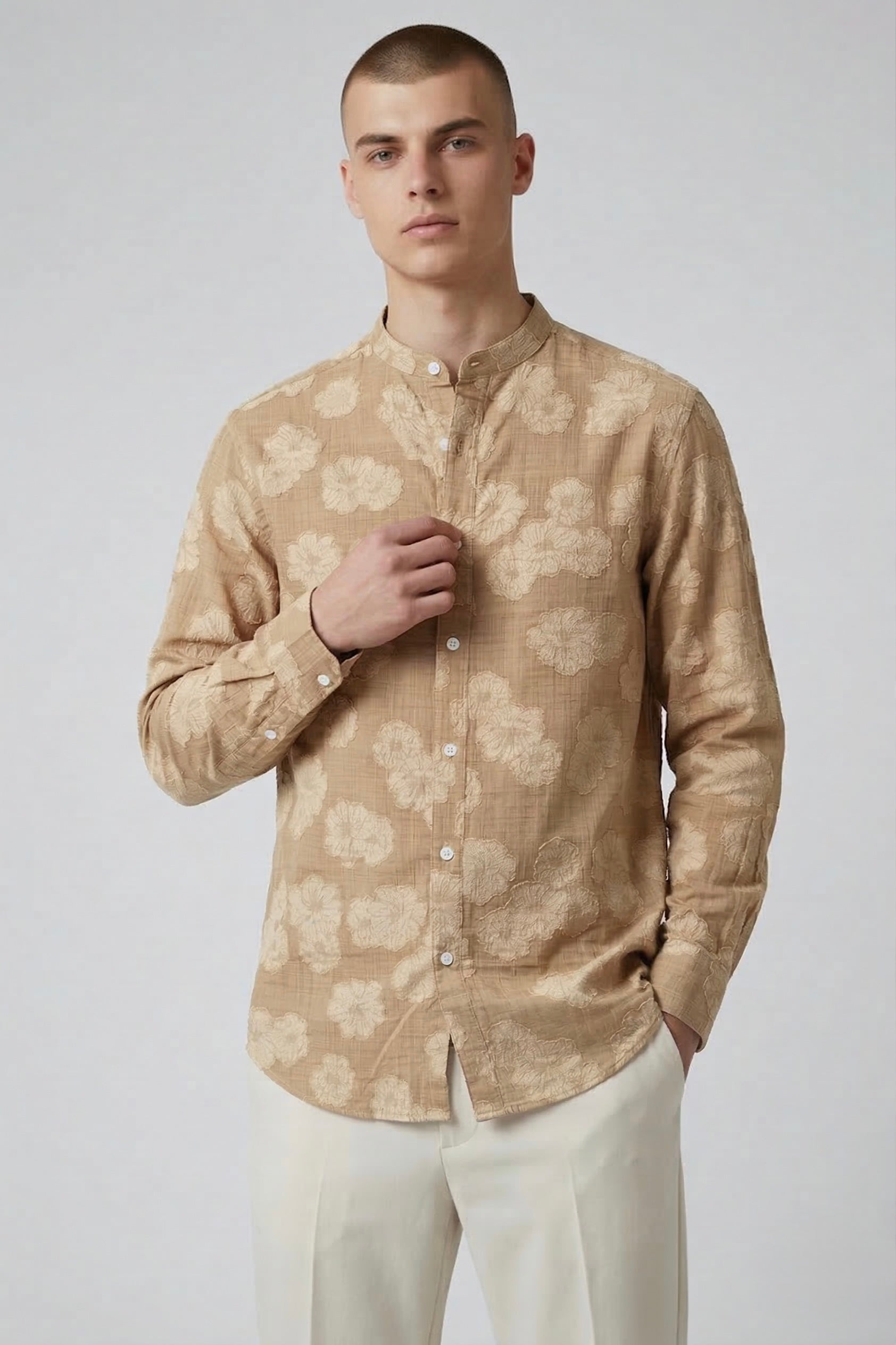 Threaded Beige Floral Textured Cotton Shirt