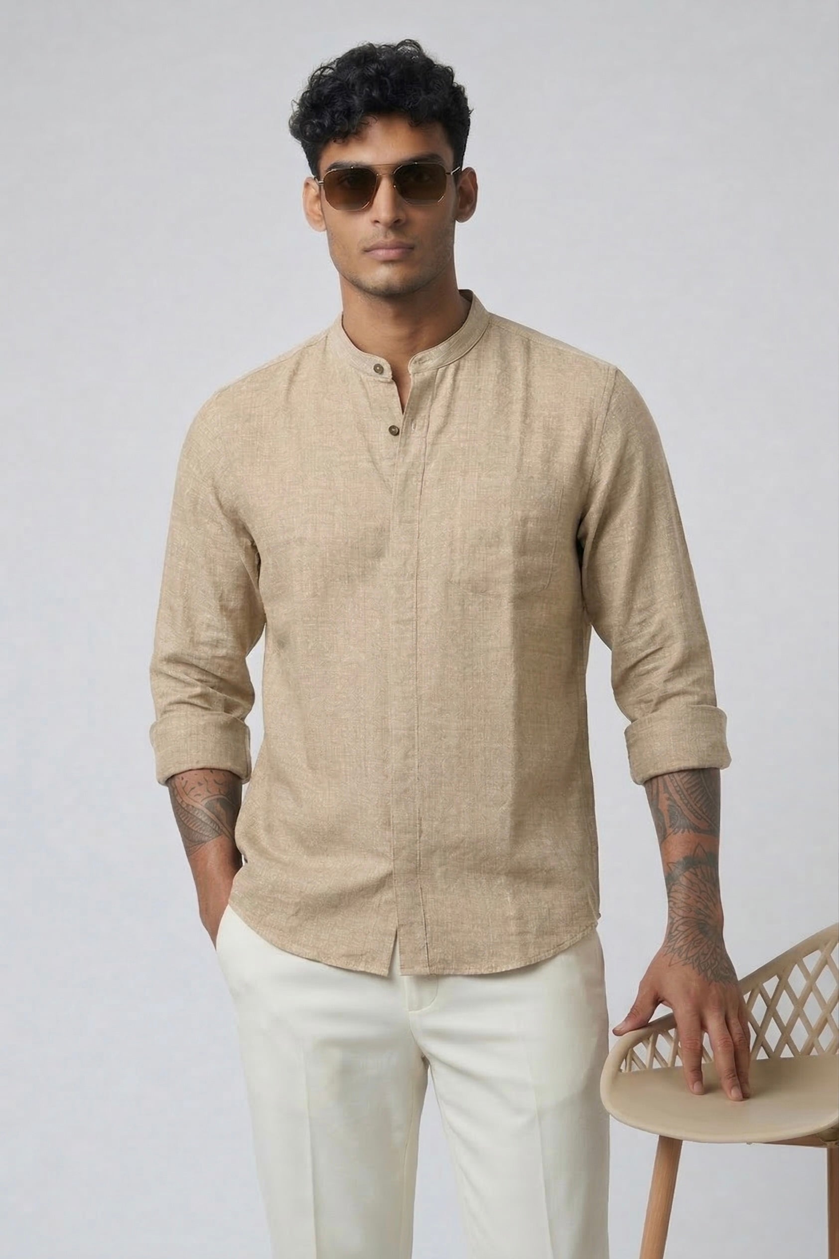 Threaded Desert Sand Linen-Blend Mandarin Shirt