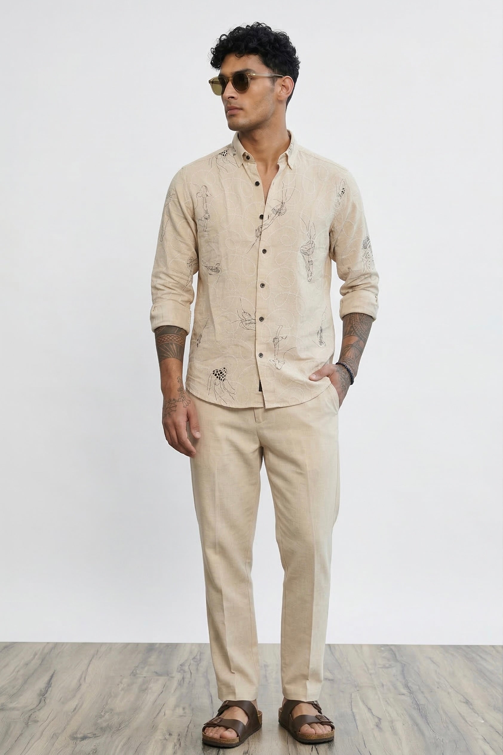 Threaded Beige Embroidered Cotton Shirt - Premium Textured Streetwear