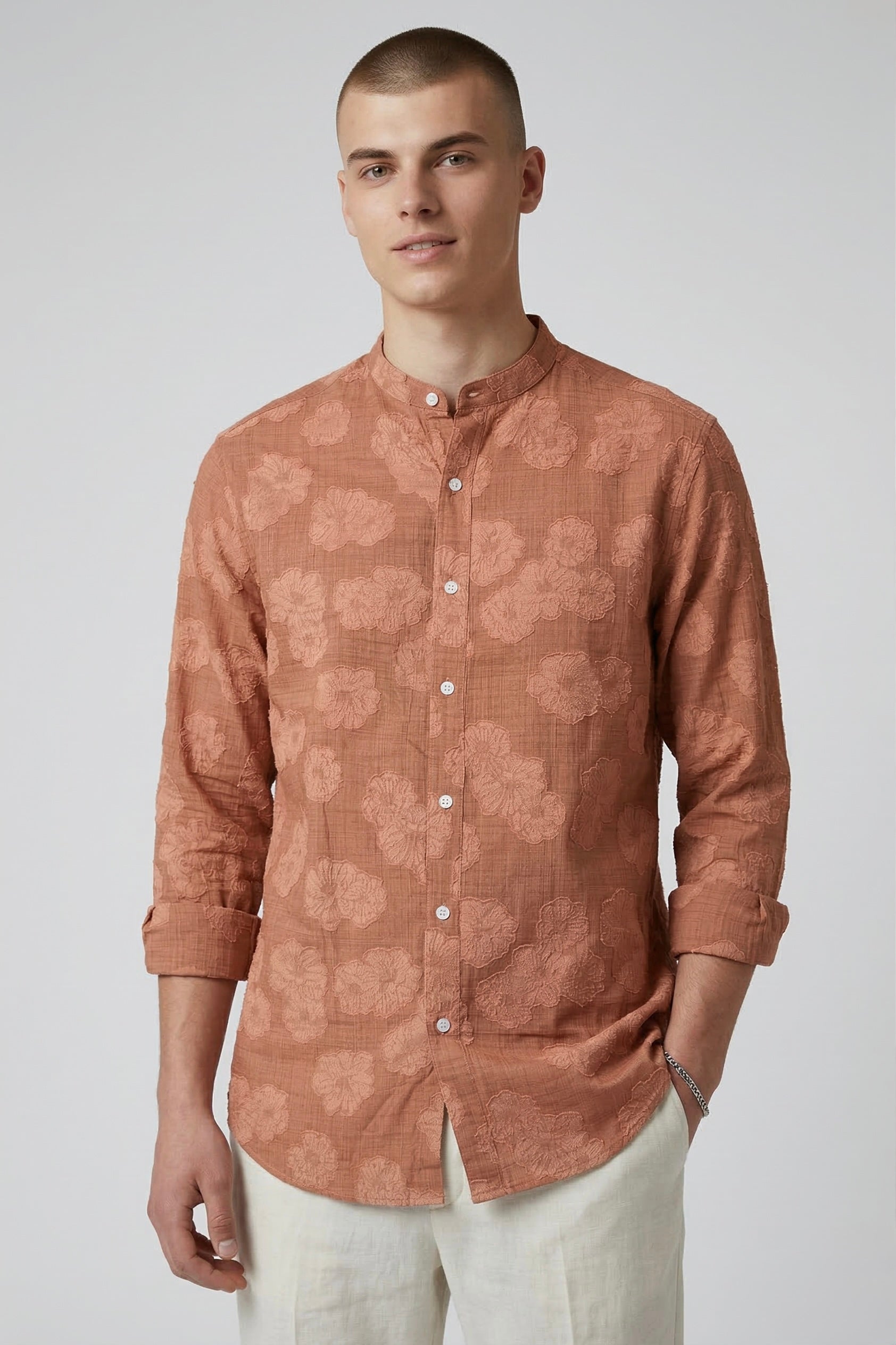 Threaded Rust Floral Textured Cotton Shirt