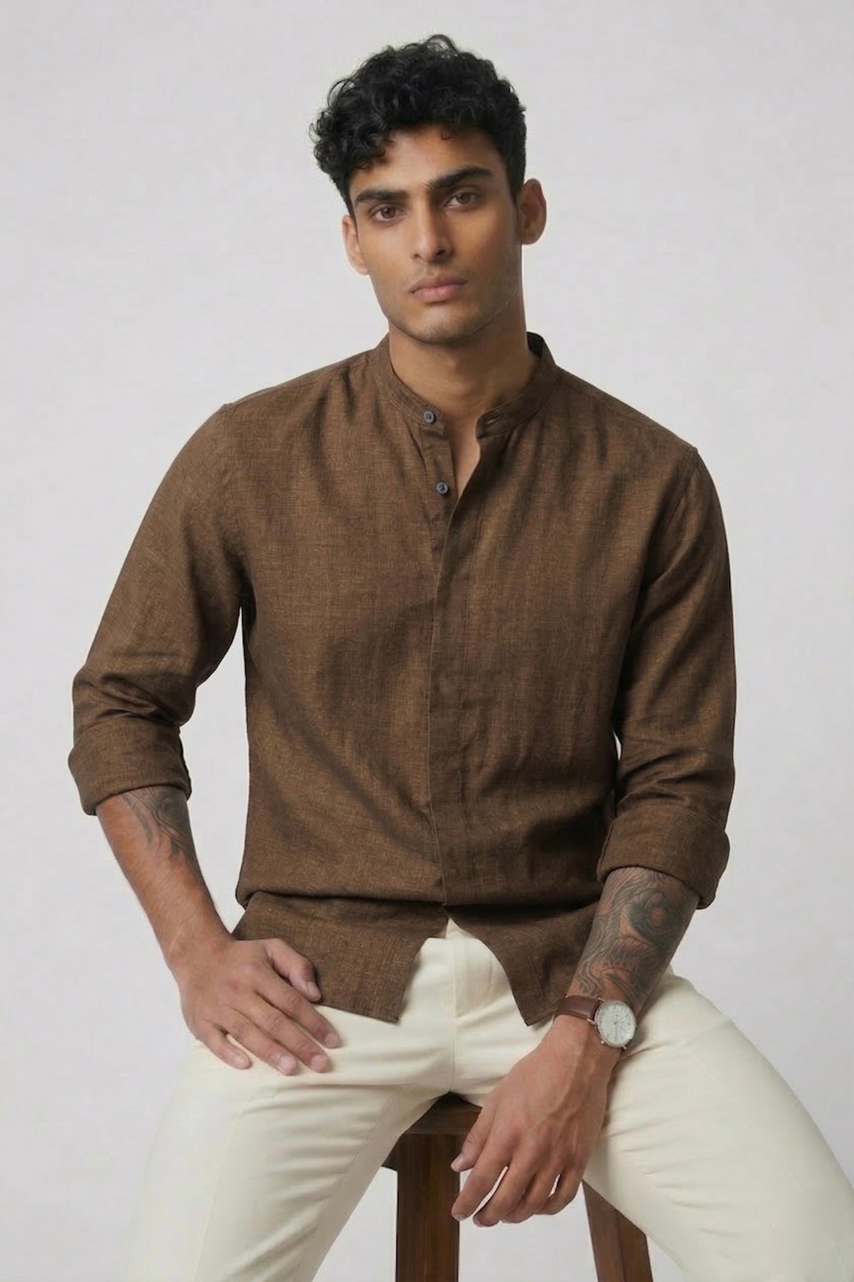 Threaded Mandarin Collar Cotton Shirt